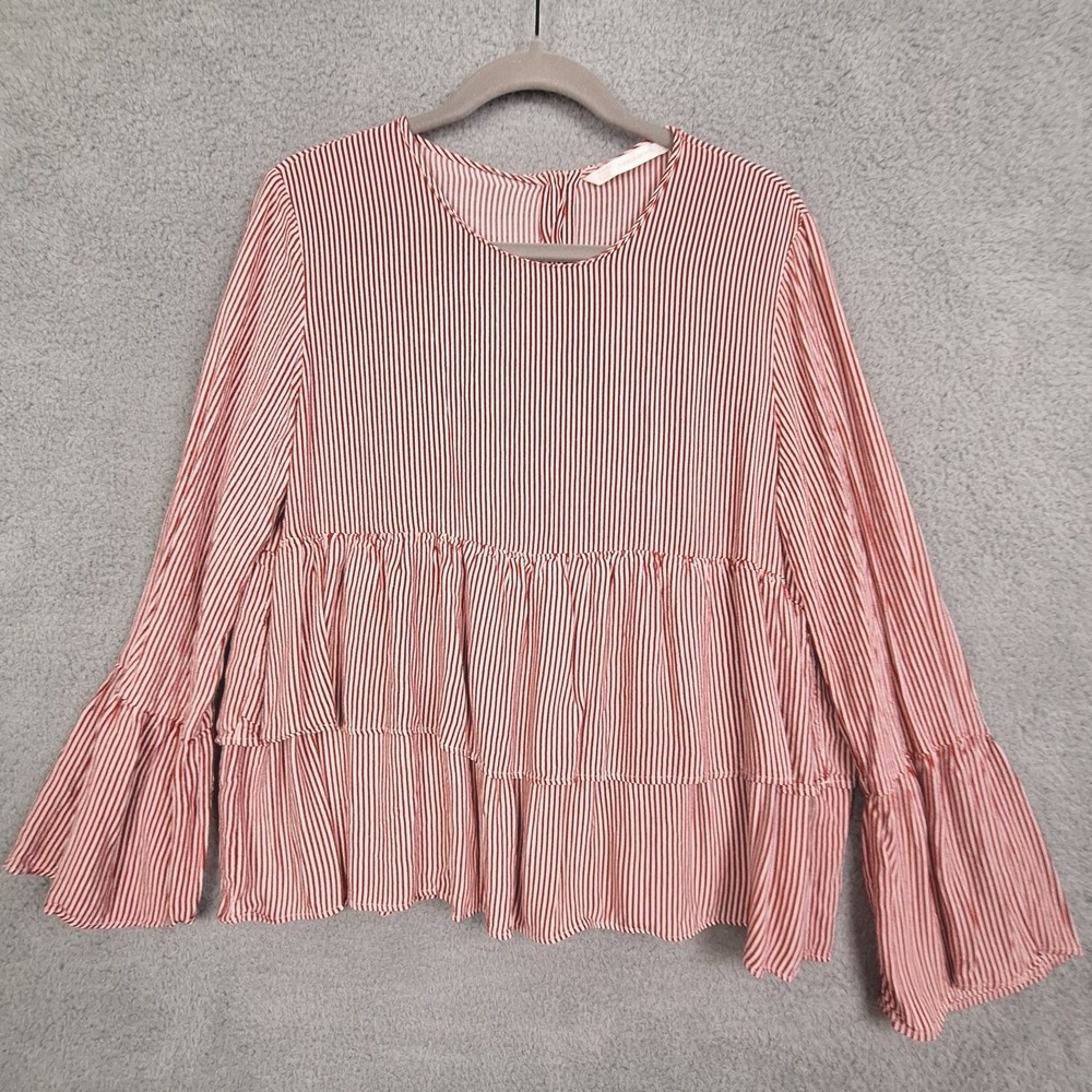 Zara Trafaluc Blouse Womens XL Red Striped Tiered Long Bell Sleeve‎ Boho Top